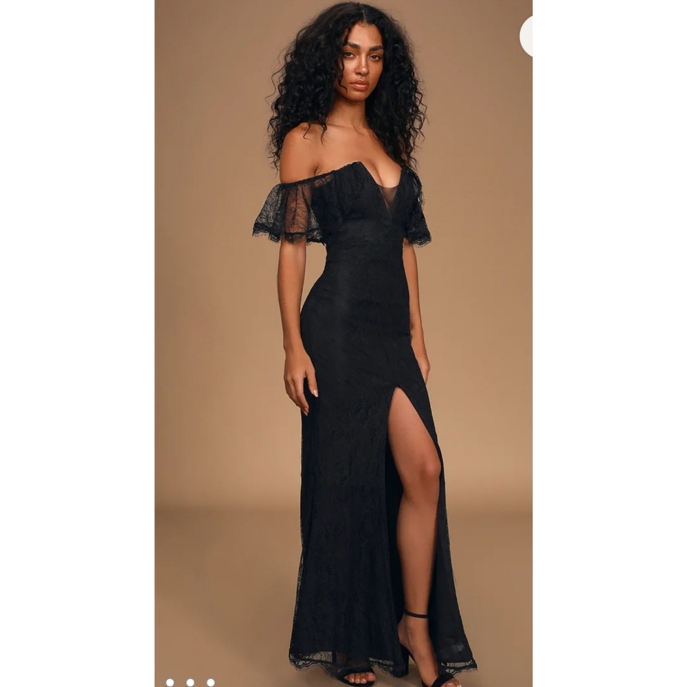Caught in a daydream black lace off-shoulder maxi dress
